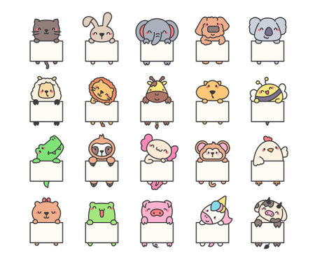 Cute animal holding a blank plaque. Banner with space to write. Vector drawing. Collection of design elements.のイラスト素材