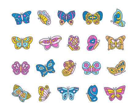 Butterfly with patterns on wings. Charming flying insect. Hand drawn style. Vector drawing. Collection of design elements.のイラスト素材