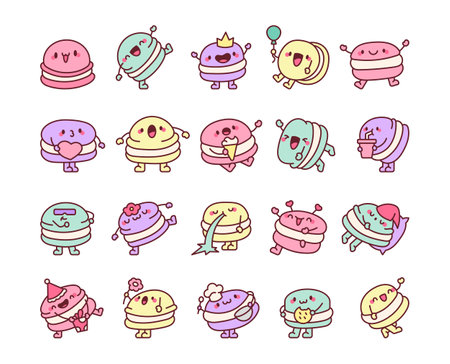Cute macaroni character. Friendly cartoon dessert. Hand drawn style. Vector drawing. Collection of design elements.のイラスト素材