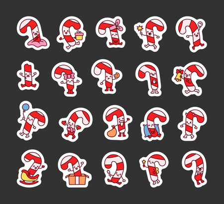 Cute kawaii cartoon outline Christmas candy cane collection with different poses and festive holiday items for winter seasonのイラスト素材