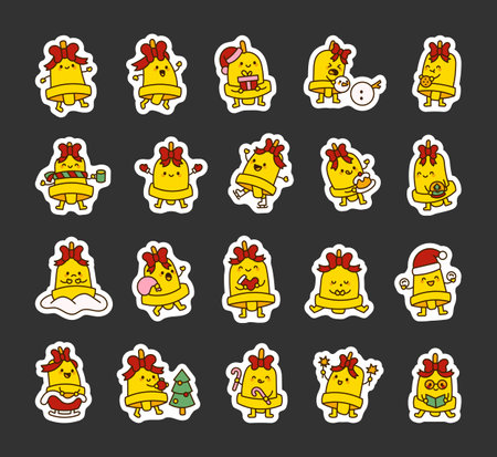 Cute kawaii cartoon outline Christmas Bell collection with different poses and holiday festive items for winterのイラスト素材