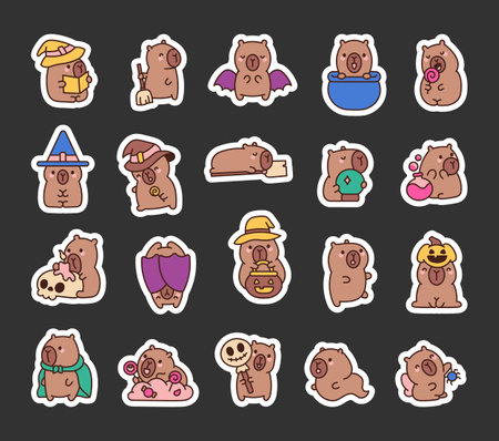 Capybara celebrates Halloween. Sticker Bookmark. All saints day party. Hand drawn style. Vector drawing. Collection of design elements.のイラスト素材