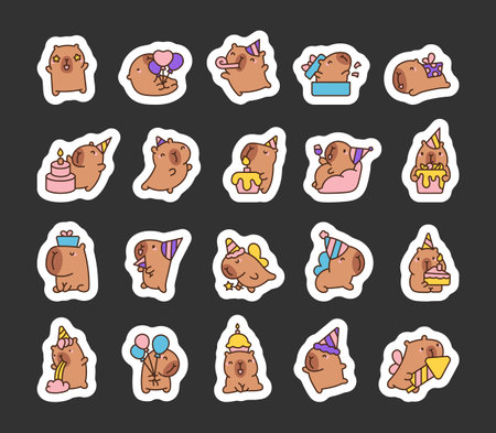 Cheerful capybara at a birthday party. Sticker Bookmark. Cartoon holiday animal. Hand drawn style. Vector drawing. Collection of design elements.のイラスト素材