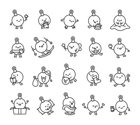 Cute kawaii cartoon outline Christmas Ball collection with different poses and festive items for winter holiday seasonのイラスト素材