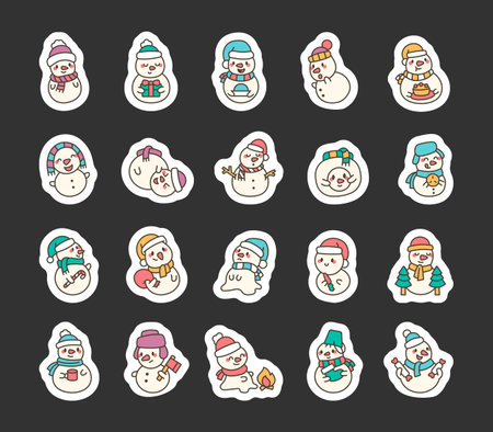 Snowman characters bundle for Christmas holiday decorations with festive elements and winter illustrationsのイラスト素材