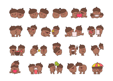 Cute kawaii acorn couple cartoon characters in outline style for Valentines Day and family love themed design illustrations with sweet moments and fun posesのイラスト素材