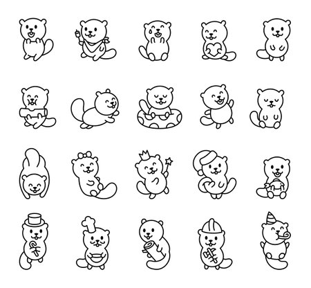 Beaver set with cute friendly emotions and funny poses including charming creative design elements in a cartoon kawaii style for delightful amazing outline illustrationsのイラスト素材