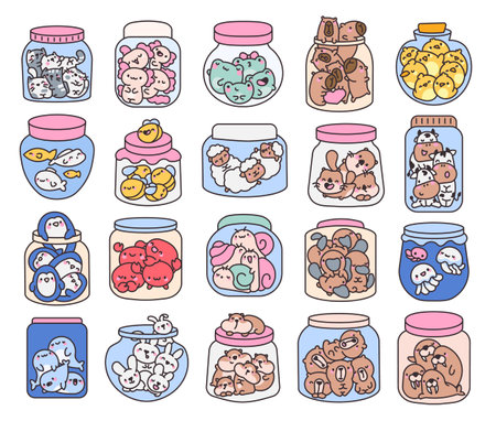 Set of kawaii animal jars cute cartoon characters with antidepressant pills adorable cheerful friendly smiling charming relaxing aquatic joyful creative elementsのイラスト素材