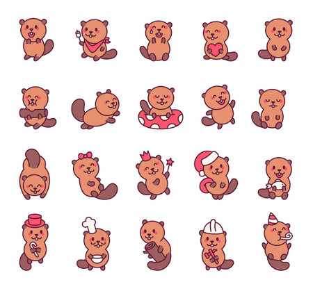Beaver set with cute friendly emotions and funny poses including charming creative design elements in a cartoon kawaii style for delightful amazing outline illustrationsのイラスト素材