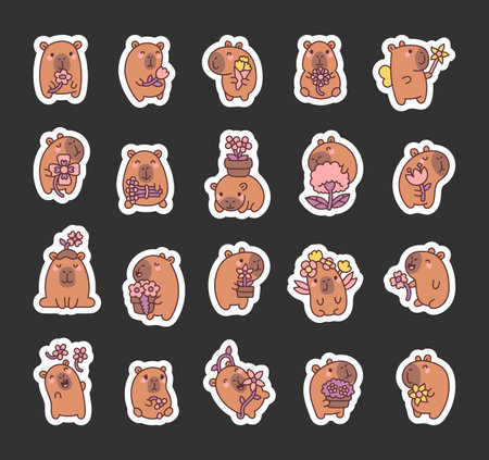 Charming capybara and flower set with adorable smiling characters holding plants and bouquets in kawaii cartoon style illustration for decoration and for yours design projectsのイラスト素材