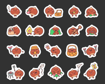 Set of cute kawaii chestnut at a picnic character featuring, marshmallow at a stick, guitar, kite, butterfly, barbecue, mug, basket, flowers and more for creative illustrationsのイラスト素材