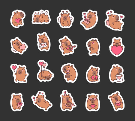 Set of charming capybara valentines day characters celebrating love with hearts, wings, balloons, bouquet, and romantic gestures for joyful and heartfelt moments for yours design projectsのイラスト素材