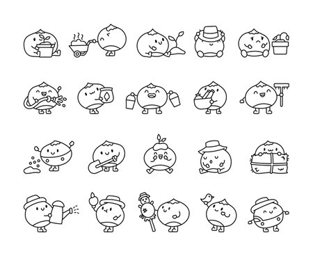 Chestnut and farm character set with gardening tools, plants, vegetables, and farming elements for agricultural work and harvesting activities in a cute kawaii cartoon style illustrationのイラスト素材