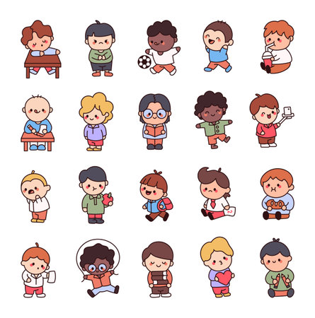 Schoolboy character set featuring various emotions, daily activities, studying moments, sports, technology use, reading books, exercising, carrying a backpack and celebrating valentines dayのイラスト素材