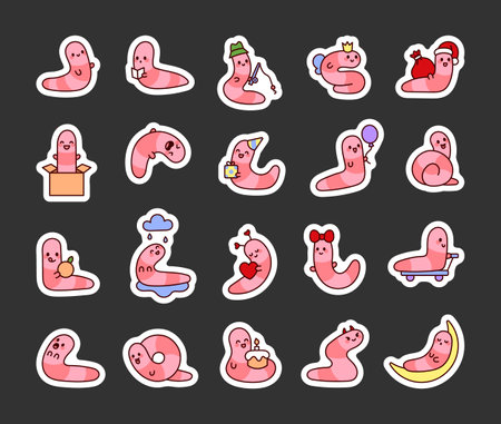 Adorable worm character set showcasing cheerful emotions, playful activities, festive celebrations, exciting adventures, and delightful expressions in a charming cute kawaii cartoon style.のイラスト素材
