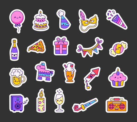 Party celebration set featuring cute kawaii cartoon character, festive decorations, delicious food, refreshing drinks, tasty cupcake, lively music, elegant champagne.のイラスト素材