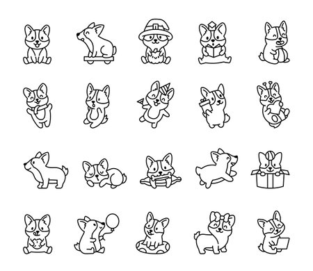 Corgi dog character set featuring cute and funny expressions, playful poses, festive celebrations, adorable accessories, and charming moments of daily activities for yours design projectsのイラスト素材