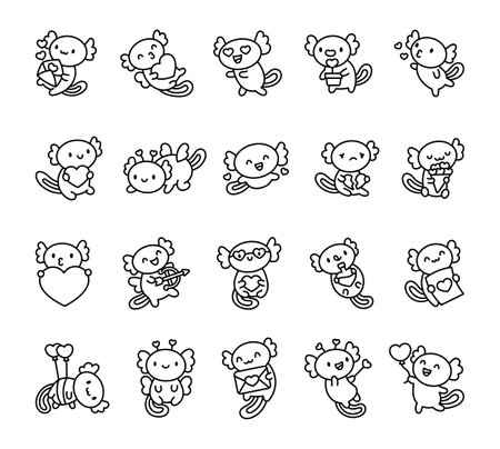 Set of charming axolotl valentines day characters celebrating love with hearts, wings, balloons, bouquet, and romantic gestures for joyful and heartfelt moments for yours design projectsのイラスト素材