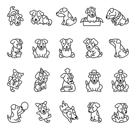 Jack Russell terrier dog set featuring adorable characters in various poses with different emotions, accessories, and fun elements for yours illustration and creative designs projectsのイラスト素材