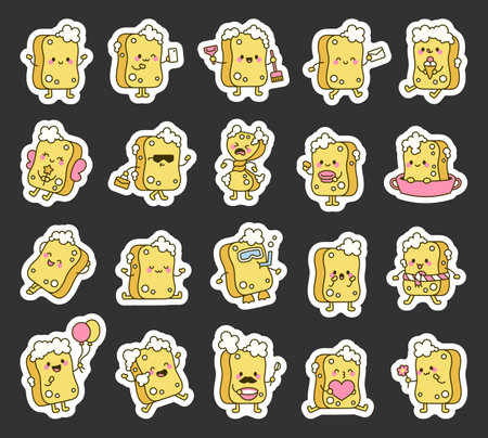 Cleaning sponge character set showing various emotions and activities, including hygiene, cooking, relaxing, celebrating, and everyday situations with fun accessories and expressionsのイラスト素材