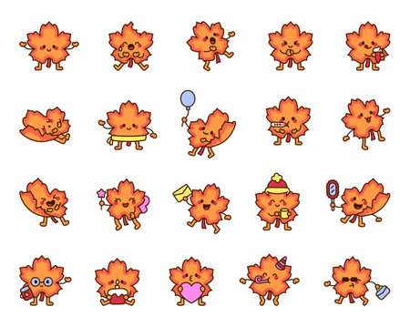 Adorable maple leaf character set featuring cute emotions, festive accessories, and seasonal autumn elements perfect for creative projects, decorations, and joyful design themes.のイラスト素材
