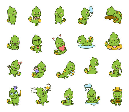 Chameleon character set featuring adorable cartoon animals expressing emotions, wearing accessories, and enjoying everyday moments for yours illustration and creative designs projectsのイラスト素材