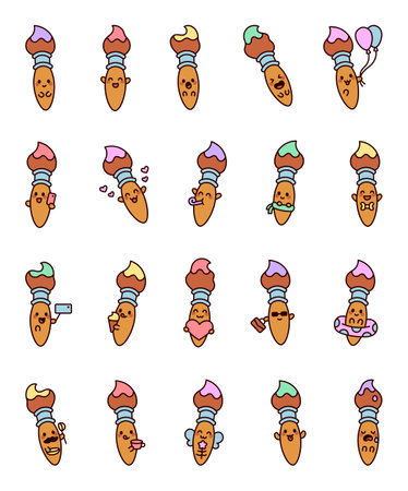 Set of cute kawaii paintbrush characters with various emotions and accessories, including balloons, heart, sunglasses, smartphone, party blower, ice cream, magic wand, and more for artistic designsのイラスト素材