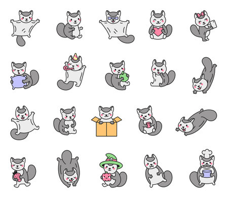 Funny sugar glider character set showing adorable emotions and activities like eating, sleeping, celebrating, and dressing up in charming costumes for cute cartoon designsのイラスト素材