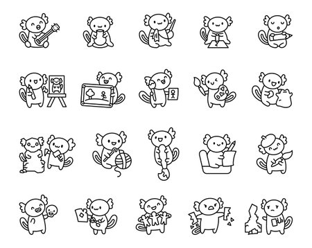 Creative axolotl character drawing sculpting painting making crafts with tools materials and joy for artistic funny design illustrationsのイラスト素材