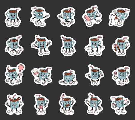 Groovy retro coffee cup characters in cartoon outline vintage funny expressive style with emotions gestures activities objects and holiday elementsのイラスト素材