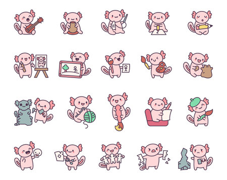 Creative axolotl character drawing sculpting painting making crafts with tools materials and joy for artistic funny design illustrationsのイラスト素材