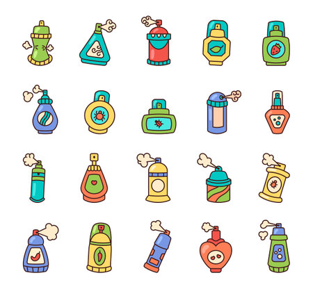 Cartoon spray bottle objects with outline design in different shapes with details and decorative elements for creative design projectsのイラスト素材
