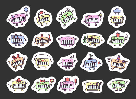 Funny synthesizer piano characters showing different emotions and activities with balloons, hearts, music, costumes, food, hats, smiles, and charming gestures in a joyful set for creative designのイラスト素材
