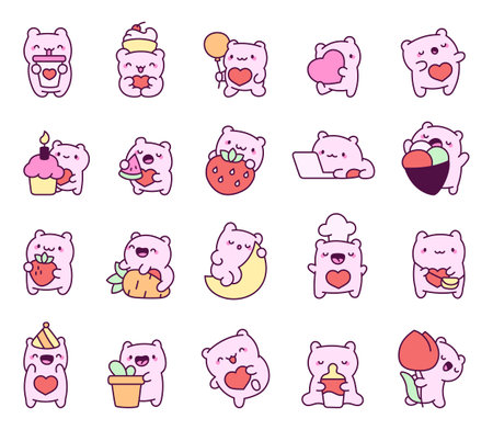 Cute pink bear character set showing charming emotions while holding hearts, eating sweets, celebrating birthdays, working, cooking, and relaxing at home, for your projectsのイラスト素材