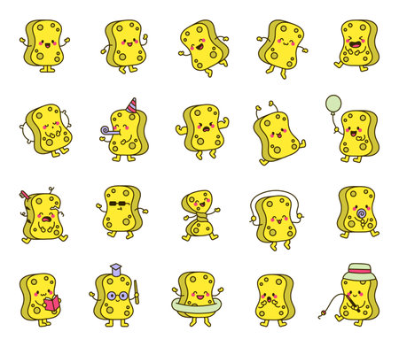 Cute kawaii cartoon sponge characters for fun emotional outline mascot design and joyful playful illustration set collection bundleのイラスト素材