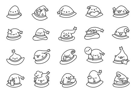 Witch hat cartoon characters with emotions and actions for cute magical lifestyle seasonal festive illustrations in kawaii outline flat styleのイラスト素材