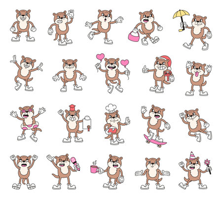 Otter cartoon characters with emotions and actions for retro lifestyle seasonal educational festive romantic joyful illustrations in vintage outline styleのイラスト素材