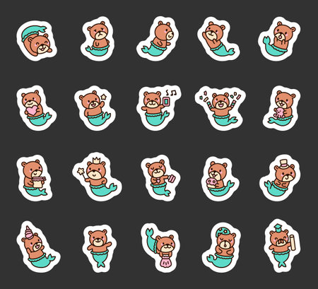 Mermaid bear character set showing charming emotions with smiling poses holding gifts like cake heart diploma jar crown shell and octopus for yours projectsのイラスト素材
