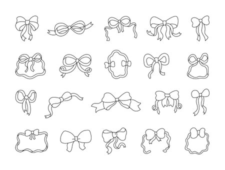 Ribbon bows in scandinavian and bohemian style for decorative hand drawn festive flat illustrations with cute girly minimal elegant design elementsのイラスト素材