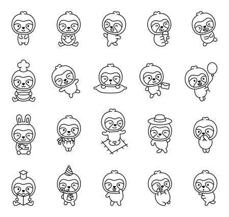 Sloth cartoon characters with emotions and actions for cute lifestyle educational holiday relaxing food themed illustrations in kawaii outline styleのイラスト素材