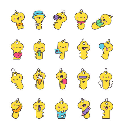 Little key character set showing various cute moments with holding items, smiling faces, charming poses and lovely accessories for yours creative projectsのイラスト素材