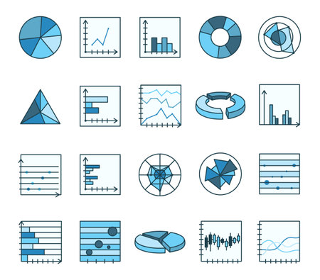 Data visualization chart set with graphs line diagrams bar plots radar webs network analytics pyramid triangles coordinate points and finance elements for reportsのイラスト素材