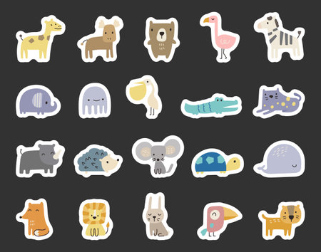 Charming animal character set featuring with different poses, wild and domestic creatures in cute scandinavian cartoon style for yours illustration and creative designs projectsのイラスト素材