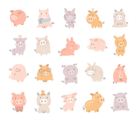 Charming cartoon pig set created for and scandinavian style with cute animal friendly character for yours illustration and creative designs projectsのイラスト素材