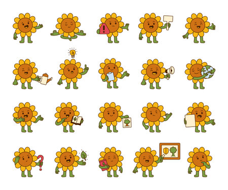 Flower guide eco character set with various cartoon plant poses and educational elements for environmental awareness and nature protection for yours illustration and creative designs projectsのイラスト素材