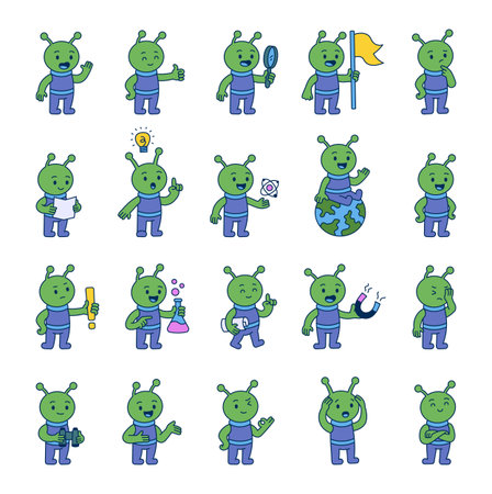 Alien guide character set showing different teaching moments using hand signs, science tools, gestures of communication, confidence and discovery for yours illustration and creative designs projectsのイラスト素材