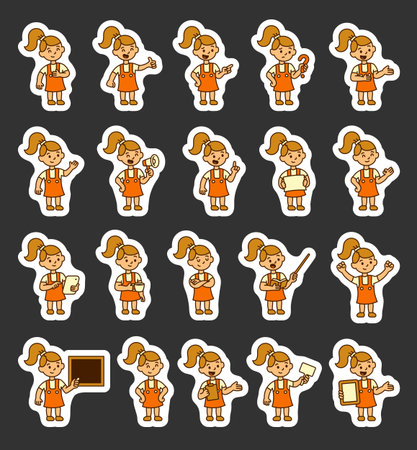 Girl guide set demonstrating various hand positions for communication, instruction, approval, teaching, respect, greeting, emotion, message and interaction skills for yours designs projectsのイラスト素材