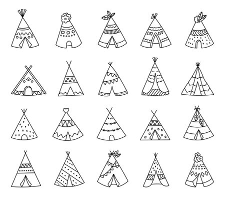 Indian teepee camp set in outline line art with traditional tribal forest huts for native outdoor, wilderness shelter and for natural decorative illustration design projectsのイラスト素材