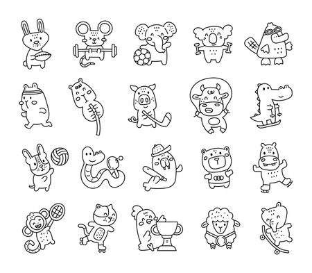 Sport animal characters set performing different activities using equipment and tools in cute outline line art cartoon for yours illustration and creative designs projectsのイラスト素材