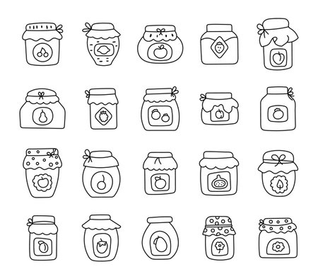Jam jar set in outline line art for delicious kitchen breakfast using rustic glass container with label, tasty fruit preserve, sealed lid and storage purposeのイラスト素材